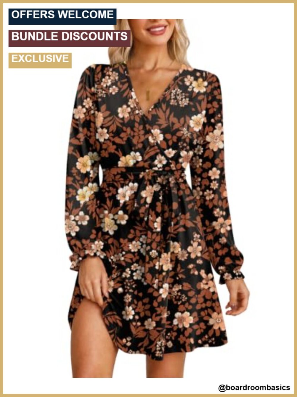 Womens Wrap V Neck Long Sleeve Belted A-Line Dress Knee Length